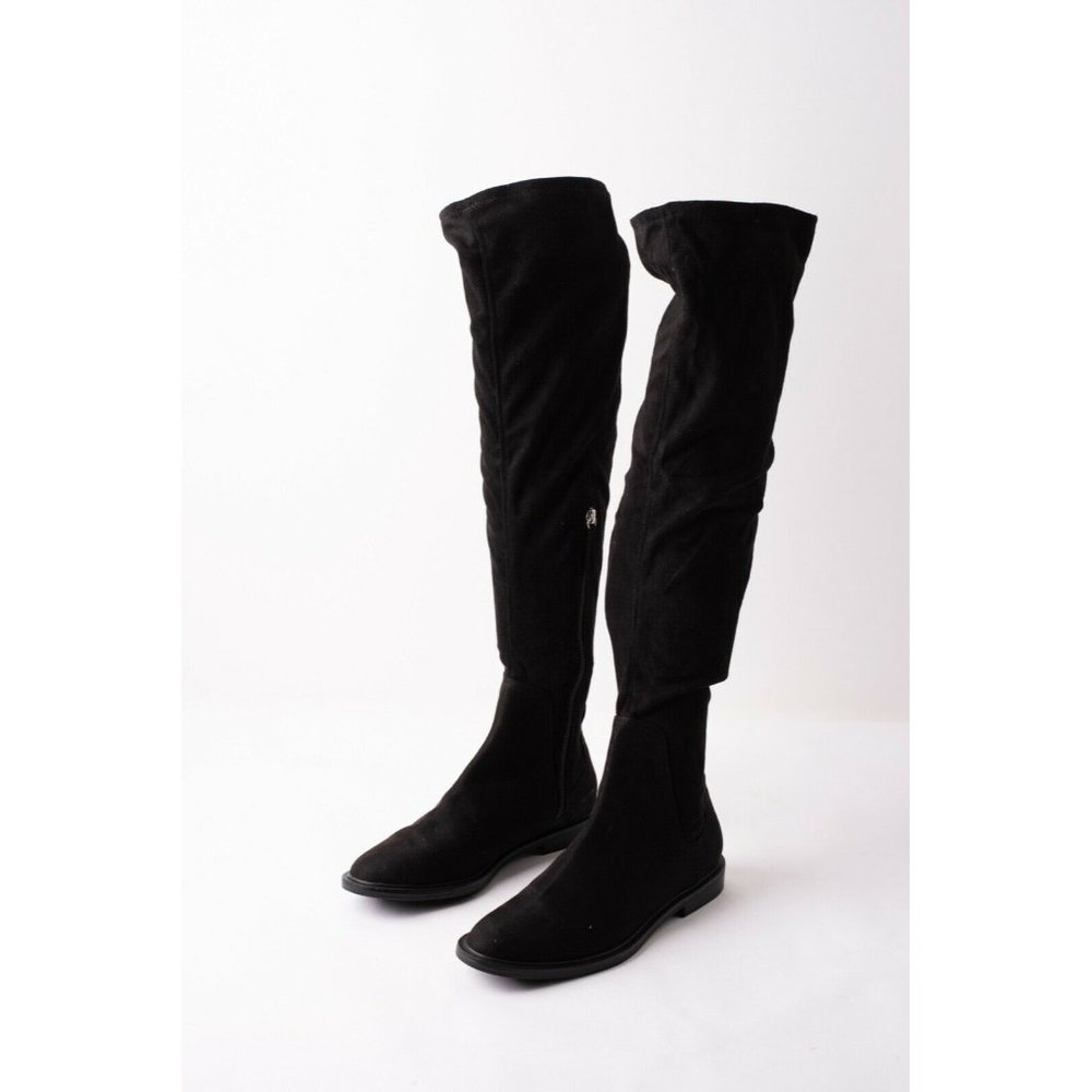 Zara Womens Flat Black Stretch Over Knee High Boot